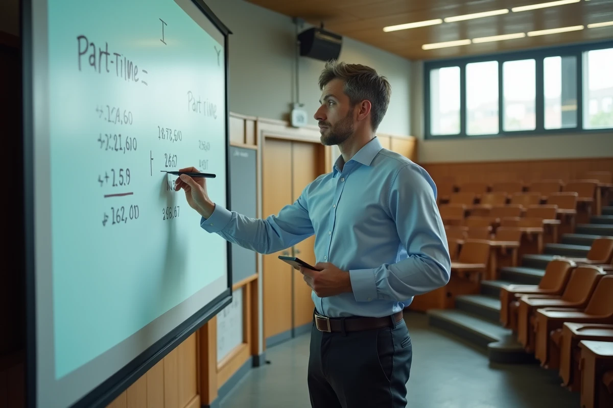Professeur à temps partiel calculant son salaire sur un tableau dans une salle de cours vide