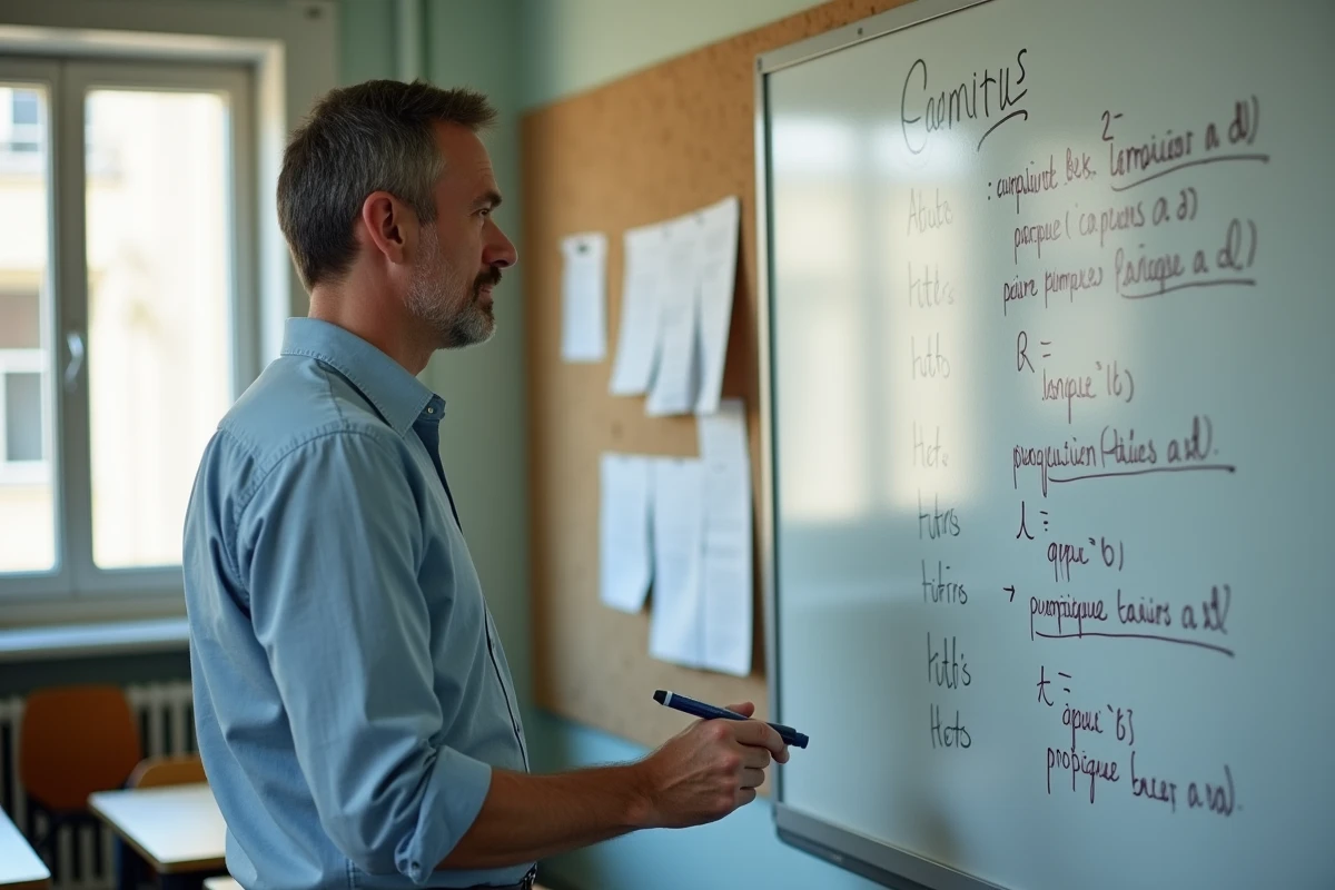 Professeur de français expliquant les verbes du deuxième groupe au tableau blanc dans une salle de classe