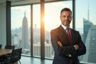 Professionnel confiant dans un bureau lumineux avec vue sur la ville