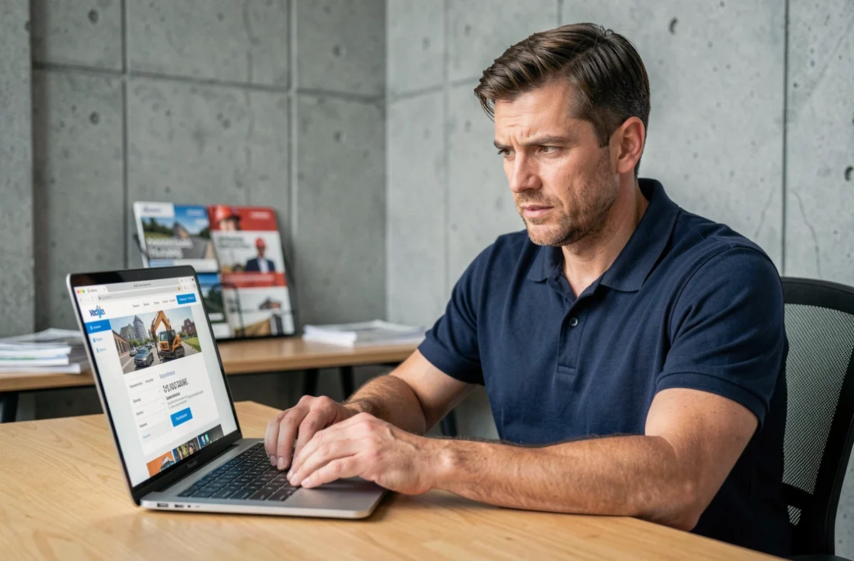 Professionnel du BTP consultant les tarifs d'une plateforme de formation en ligne sur son ordinateur portable
