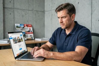 Professionnel du BTP consultant les tarifs d'une plateforme de formation en ligne sur son ordinateur portable