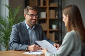 Homme en costume écoute une cliente dans un bureau moderne