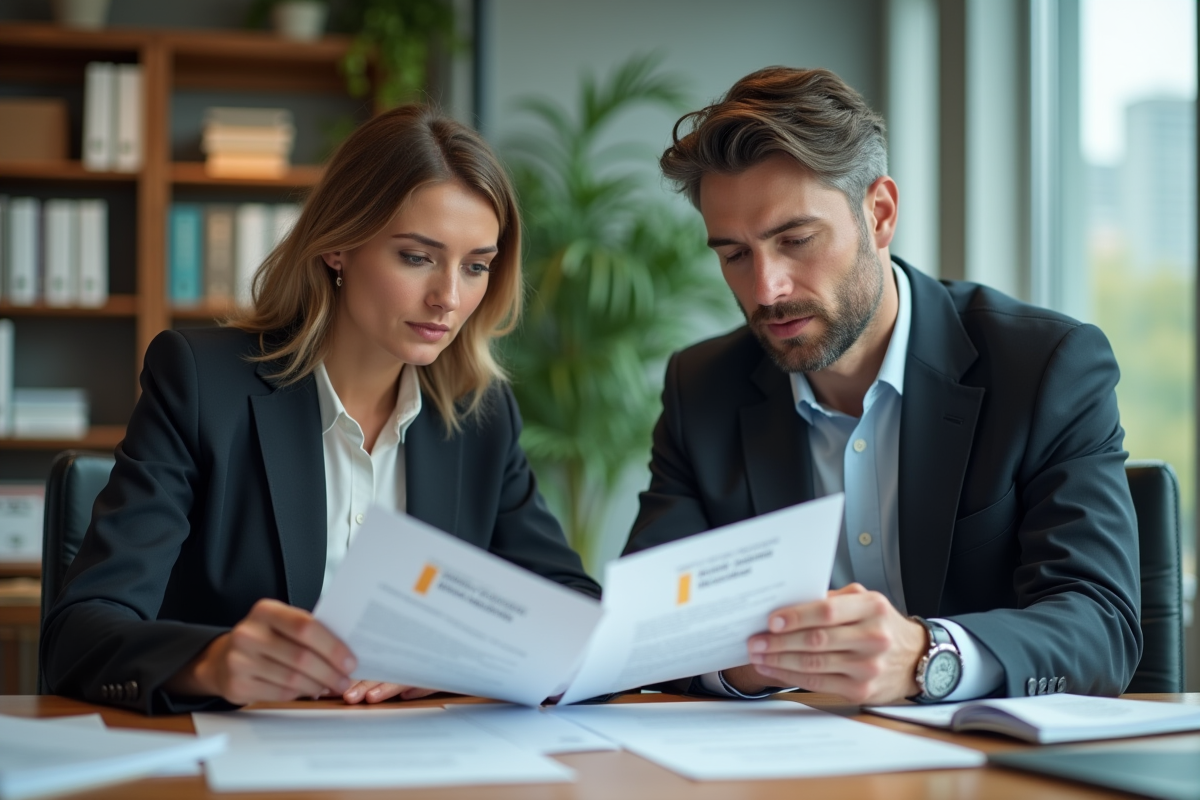 Une femme d'âge moyen et un homme en tenue décontractée professionnelle discutent à un bureau moderne