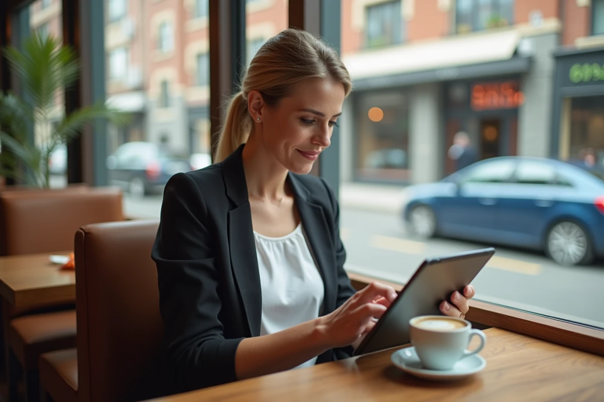 Femme complétant son profil candidat sur Syclade depuis une tablette dans un café