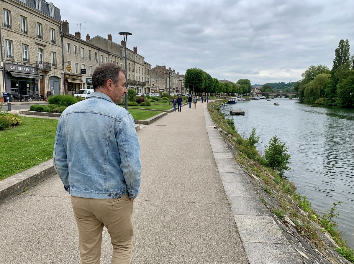 Homme en promenade au bord de la Meuse à Verdun