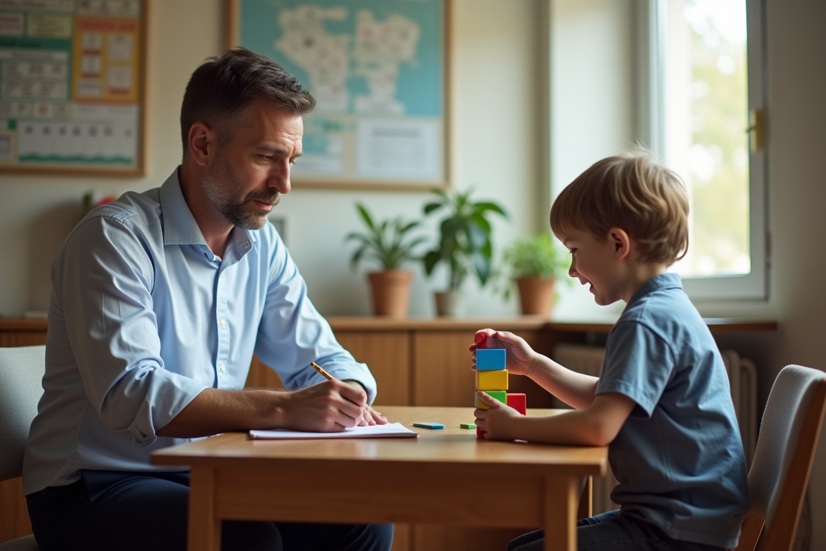 Psychologue prenant des notes en observant un enfant jouant