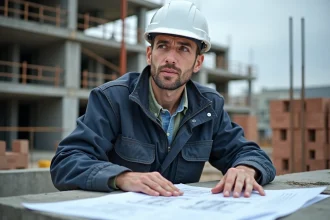 Homme en reconversion professionnelle étudiant des plans de construction sur un chantier BTP avec casque de sécurité blanc