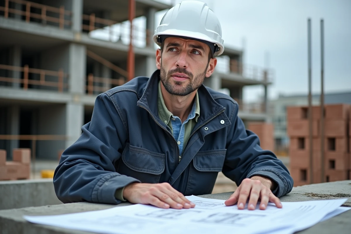 Homme en reconversion professionnelle étudiant des plans de construction sur un chantier BTP avec casque de sécurité blanc