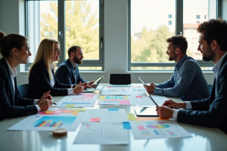Réunion d'affaires collaborative dans un bureau moderne avec graphiques