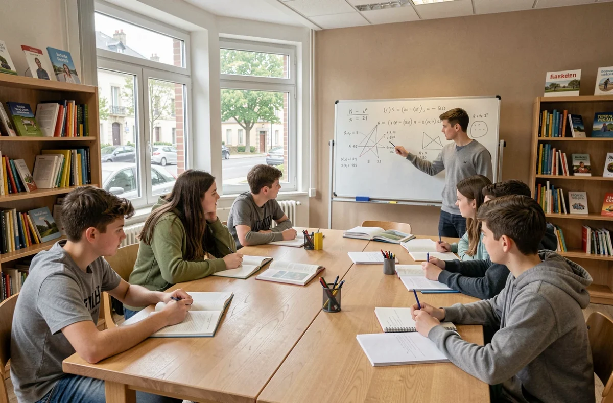 Groupe d'élèves recevant un soutien scolaire autour d'une table dans une salle d'étude moderne dans les Pays de la Loire