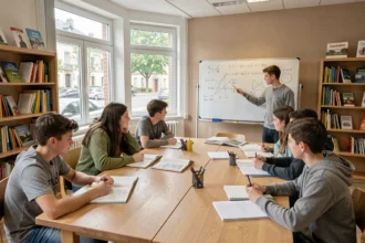 Groupe d'élèves recevant un soutien scolaire autour d'une table dans une salle d'étude moderne dans les Pays de la Loire