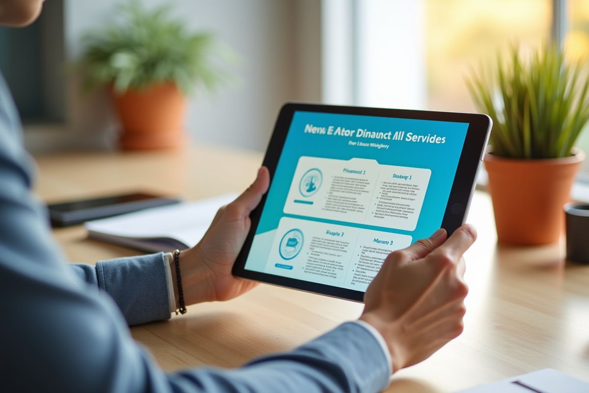 Mains tenant une tablette avec un tutoriel financier dans un espace lumineux