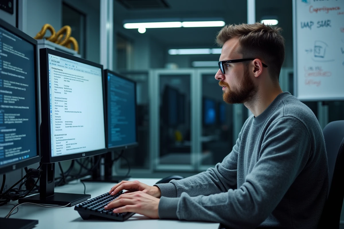 Technicien informatique configurant les paramètres de messagerie académique sur un poste de travail universitaire