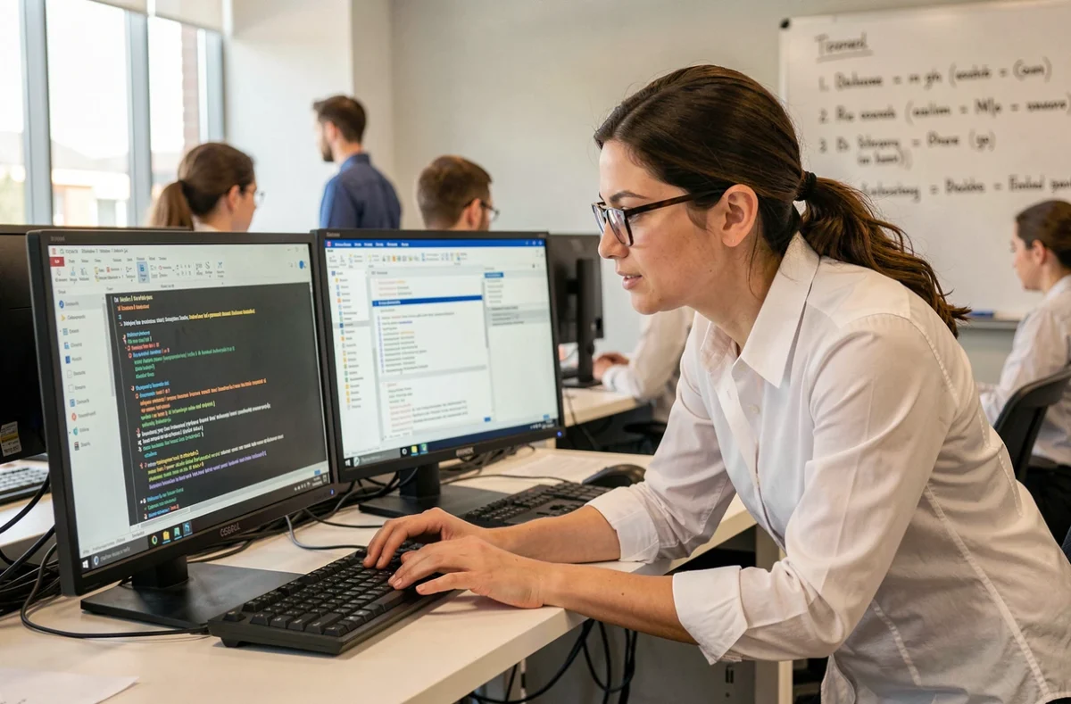 Technicienne informatique universitaire analysant des logs pour résoudre un dysfonctionnement sur Alcuin ESME