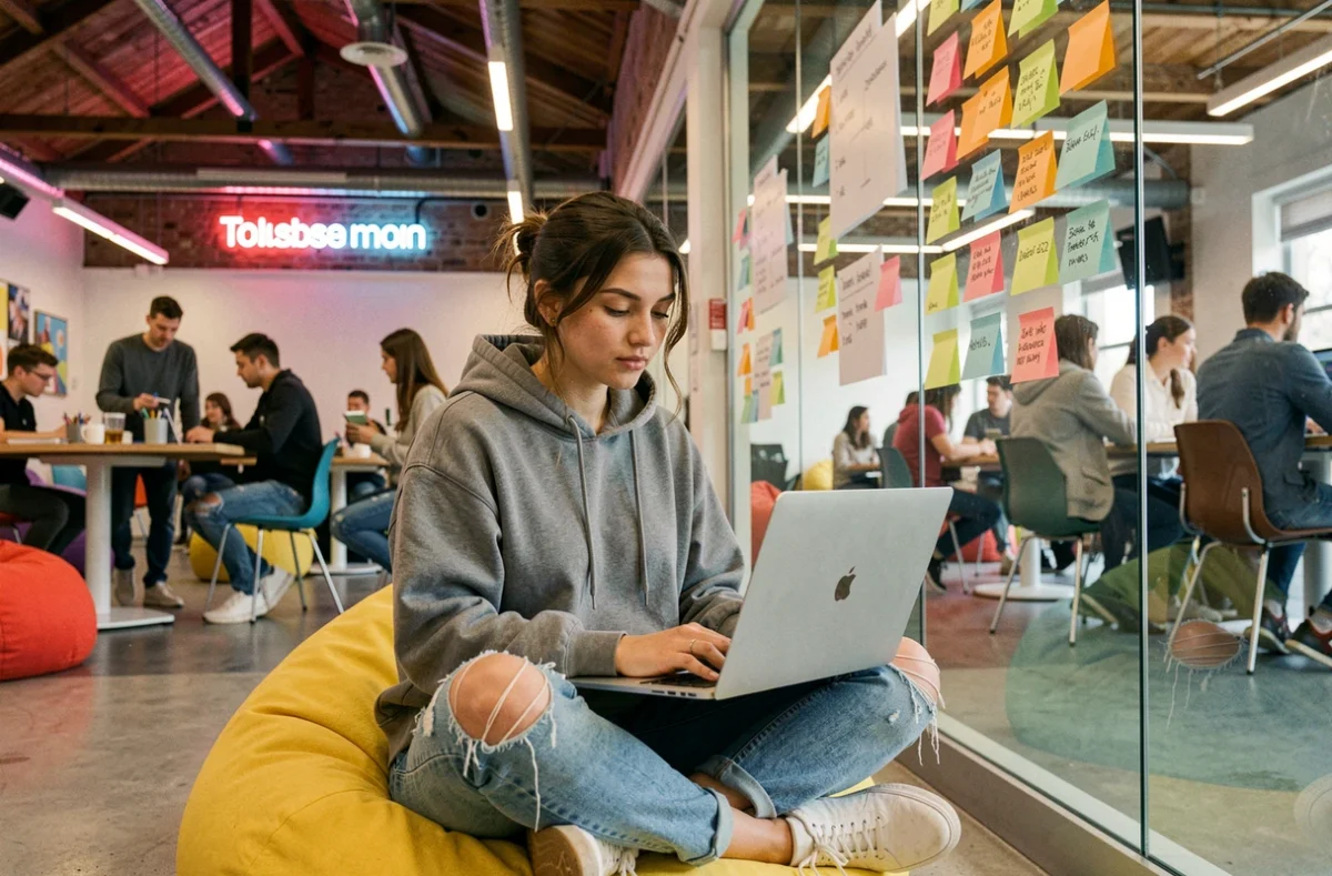 Étudiante travaillant sur son ordinateur dans l'espace créatif du Toulouse Ynov Campus