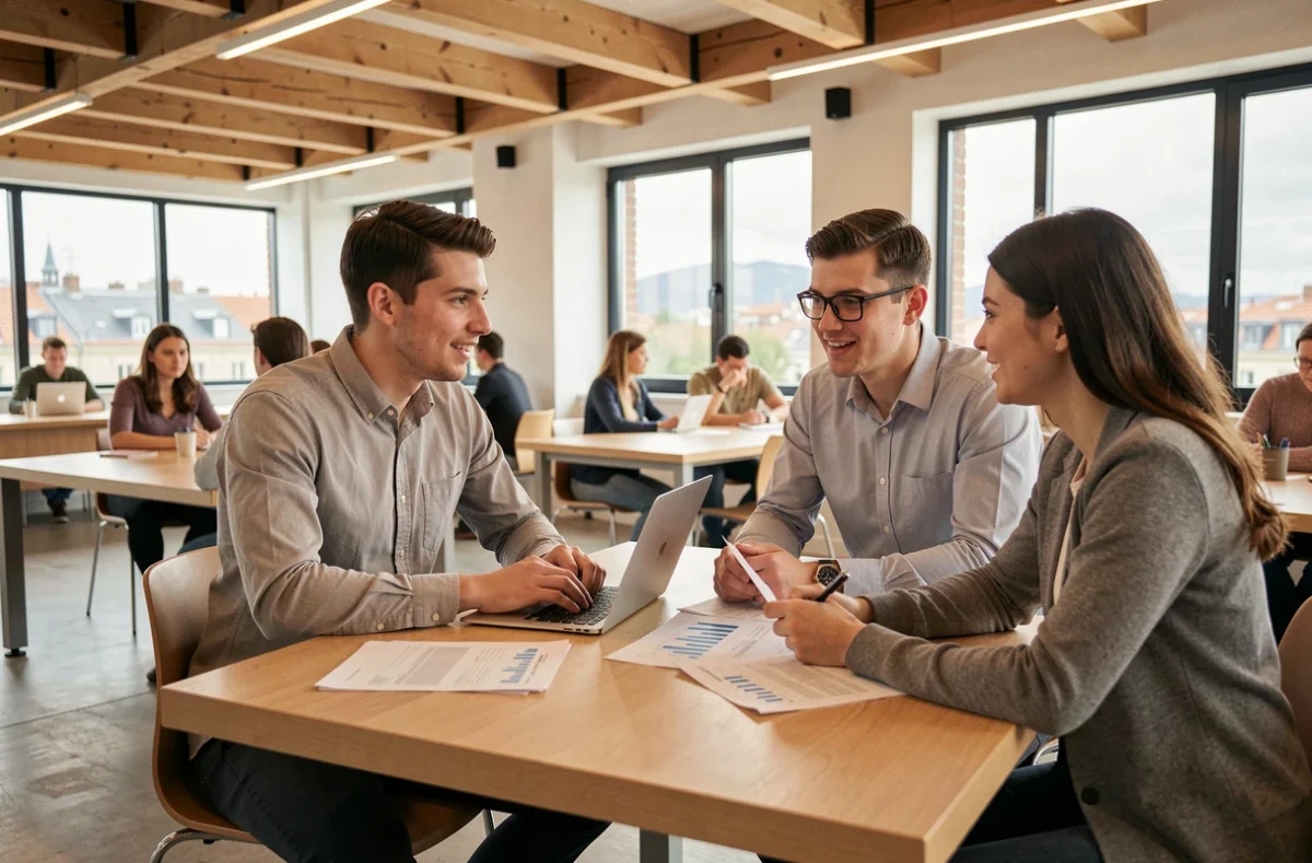 Étudiants travaillant en groupe dans les locaux modernes de TSM Toulouse School of Management