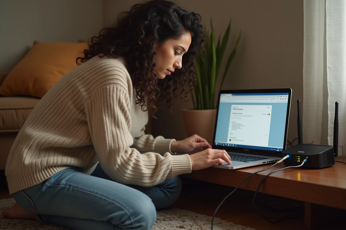 Jeune femme vérifiant la configuration de son routeur à domicile pour résoudre une connexion impossible à mycampus eduservices