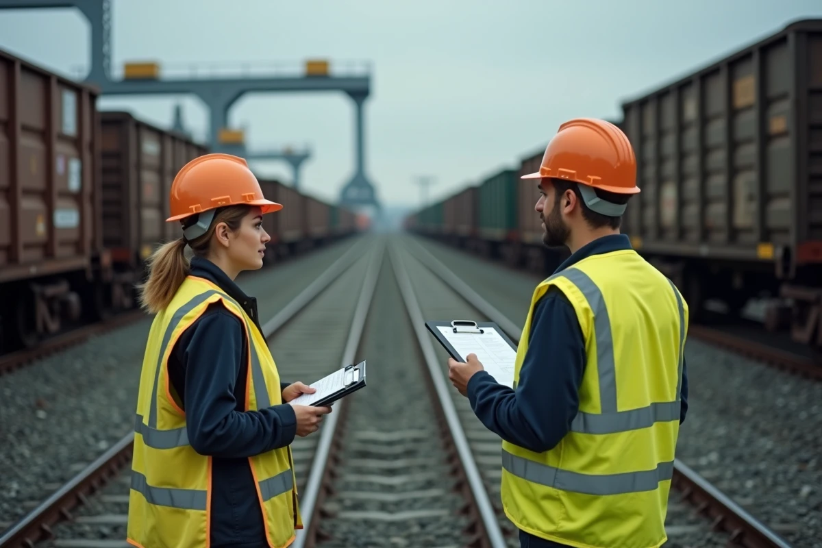 Femme wagoniste en discussion avec un superviseur dans un dépôt ferroviaire lors d'une évaluation professionnelle